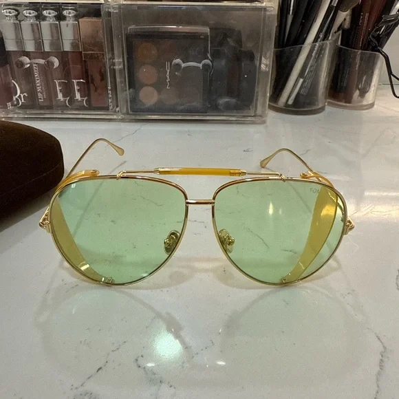 Gold Aviator Sunglasses with Green Lenses - Picture 3 of 8